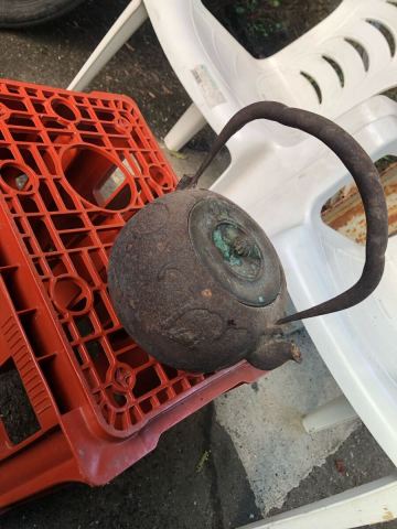 蟹浮彫 鉄瓶 龍文堂造 銅蓋 茶道具 