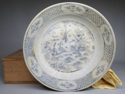 「都内コレクター所蔵品」ベトナム（越南）時代古陶　安南染付花鳥文大皿　安南焼　東南アジア古陶器　lot:11704