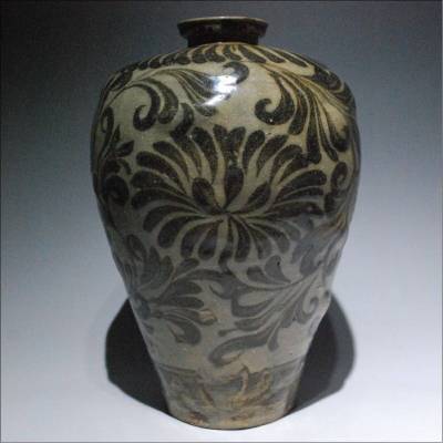 朝鮮古陶磁 高麗時代 高麗青磁 青磁鉄絵 絵高麗 草花文 梅瓶 盤口瓶 25cm