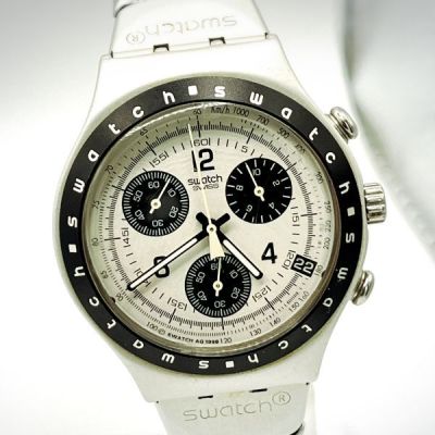 稼働 Swatch スウォッチ アイロニー クロノグラフ 腕時計 クォーツ デイト シルバー　純正ベルト　スイス メンズ