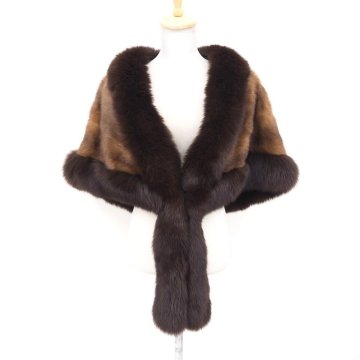 高級毛皮【 ￥1000～ / 大判サイズ 】◆美品 ◆ミンク×フォックス ◆ストール 幅53cm×長さ134cm丈+フリンジ調36cm ◆ブラウン×DB ◆G409