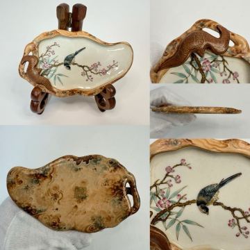 G6-中国古美術 時代物 色絵 粉彩 筆 文房具 書道具 花鳥図 在銘 乾隆年製 葉型 唐物 陶磁器 中国古玩 骨董品
