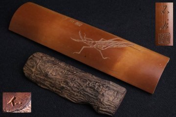 TB526茶合 2点◇うぶだし/在銘/石谷/竹彫/螽斯/彫物/古竹/煤竹/竹製/木製/南天?/古材/煎茶道具/工芸/時代/骨董/古美術/古道具タグボート