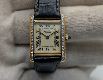 ◎カルティエ / マストタンクSM / YGPケース/革 / ダイヤベゼル / ローマンインデックス / アイボリー文字盤 / 手巻き