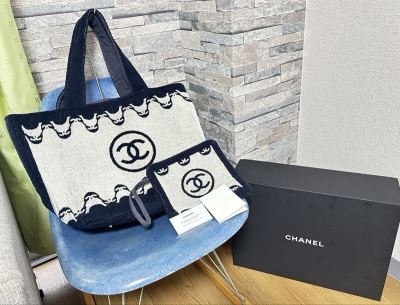 1円〜 希少 シャネル ネイビーブルー＆グレー 2021 21P テリークロス コットン ビーチトートバッグ トートバッグ ポーチ付き 【極美品】