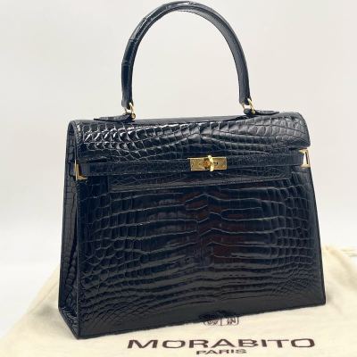 【極美品/定価300万】MORABITO モラビト シャイニング リアル クロコダイル スカラ28 ハンドバッグ トップハンドル 冠婚葬祭 ブラック 黒