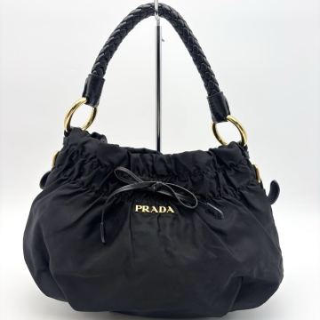 【PRADA】プラダ ◆ ギャザー ハンドバッグ BR4237 ハンドバッグ ナイロン レザー ブラック 黒 レディース 正規品 MY251031-041 K80