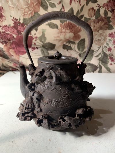 時代 龍文堂 山水家細工 銀象嵌 鉄瓶