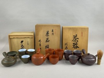 ac572 常滑焼 萬古焼 煎茶器 まとめて 3点 朱泥 練り込み 節彦 竹春 川水 在銘 急須 湯呑 湯冷まし 煎茶道具