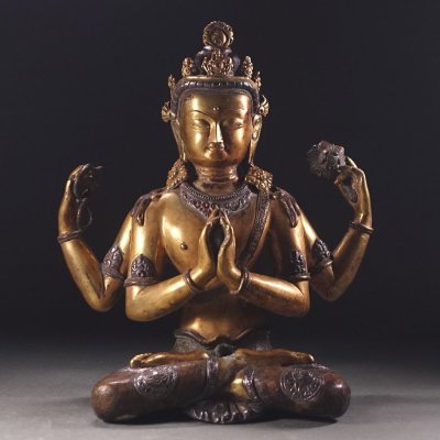 ∇花∇中国仏教文物 清時代 金銅銀錯四臂菩薩坐像 ヴィシュヌ神像 24cm チベット密教 金銅仏 鍍金仏