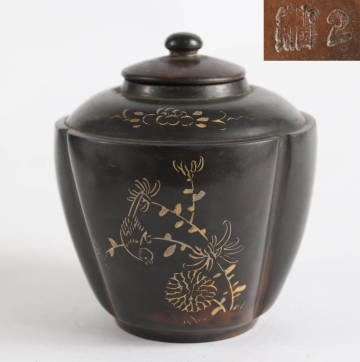 中国古玩 唐物 鉄州 泥興陶器 花鳥彫刻茶心壺 茶入（煎茶壷宜興紫砂急須） E973