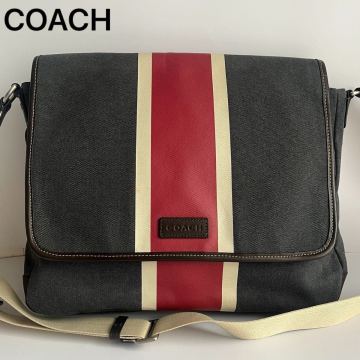 COACH コーチ メッセンジャーバッグ ショルダーバッグ ショルダー レザー　メンズ　ストライプ　大容量　デニムカラー　紺系