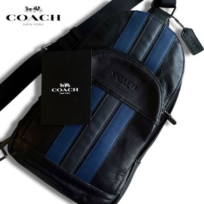 極美品/近年モデル●COACH コーチ ヴァーシティ メンズ ボディバッグ ショルダーバッグ 斜め掛け ビジネス レザー 本革 ロゴ ブラック 黒