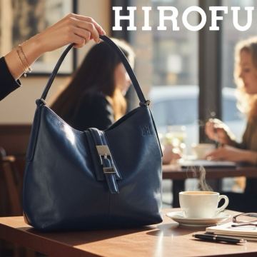 【1円~】美品 HIROFU ヒロフ ワンショルダー バッグ Hロゴ ネイビー 紺 レザー Made in Italy