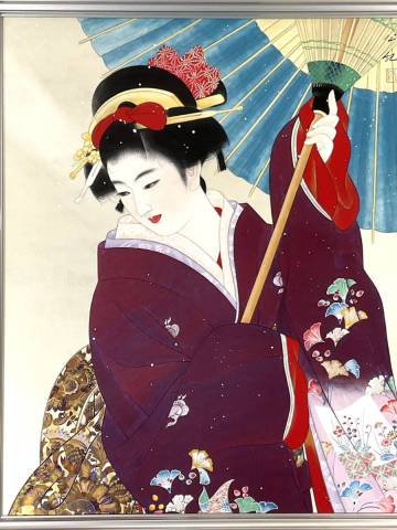 真作■日本画■佐藤公紀■『粉雪』■ 金泥仕様 共シール■和美人名画 ■伊東深水の内弟子 ■美人画重鎮 ■額付絵画　2ｃ