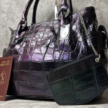 定価65万/特殊染め●JRA認定 リアルクロコダイル トートバッグ マットクロコ 鰐革 ワニ革 肩掛け ショルダー コインケース付 パープル 玉虫