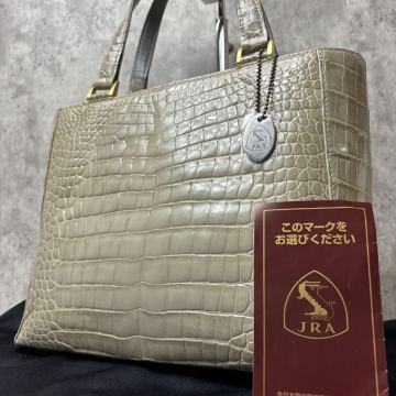 定価50万/最高級●JRA認定 リアルクロコダイル ハンドバッグ センター取り シャイニングクロコ ワニ革 鰐革 レディース グレージュ 保存袋