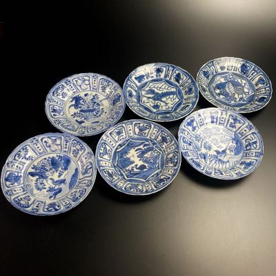 壷々● 中国古玩 花鳥龍文芙蓉手古染付皿 20.5cm 6客 染付 唐物 骨董 [I14.2]とちれ2