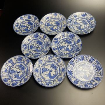 壷々● 中国古玩 芙蓉手染付飛蝗文古染付皿 20.5cm 8客 銘々皿 唐物 骨董 [I14.1]とちれ2