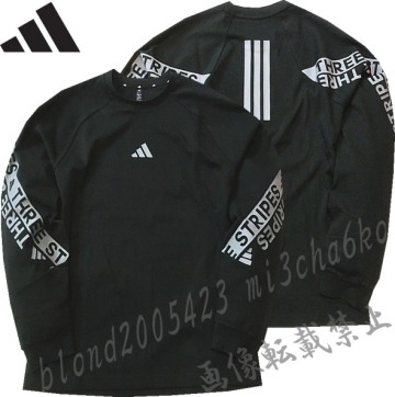■新品【adidas】アディダス ゴルフに最適 両腕BIGロゴ＆背面３ライン 速乾生地 クルーネック ワーディング 長袖シャツ■BK/XL(LL)