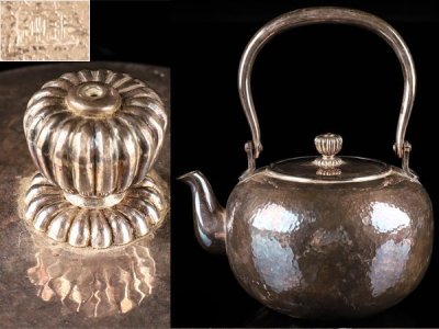 【流】煎茶道具 純銀製 打出湯沸 銀瓶 重量395g 箱付 LC606