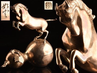 【流】大島如雲 銀製 瓢箪から駒置物 重量2500g 共箱 UC523