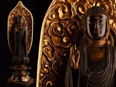 【流】仏教美術 木彫 玉眼 阿弥陀如来像 高62cm LC160