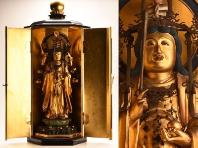 【流】仏教美術 時代物 木彫玉眼入 特大妙見菩薩立像 厨子仏 高100cm LC148◎