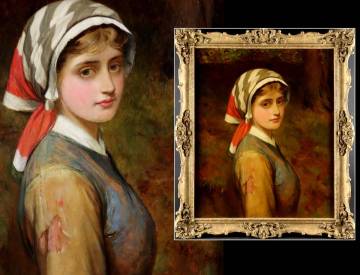 西洋美術 19世紀 古画 チャールズ・シレム・リダーデール 「スカーフの娘」 油彩12号 タトウ箱付 真作保証 