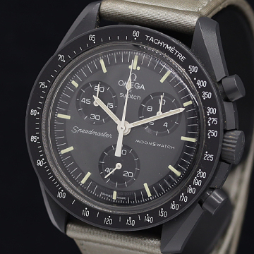 1円 保/箱付 稼働 オメガ×スウォッチ マーキュリー スピードマスター SO33A100 QZ グレー文字盤 メンズ腕時計 3973200 10KHT KMT