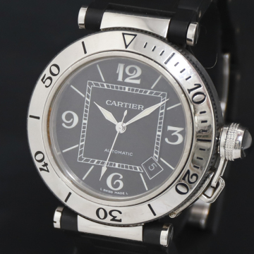 1円 稼働 良品 保付 カルティエ W31077U2 ブラック文字盤 AT/自動巻 パシャ シーマスター 100M デイト メンズ腕時計 0059510 10RKT KRK