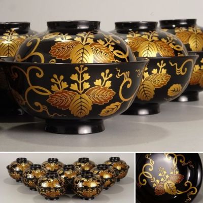 〔聖〕極上蒔絵の傑作 輪島塗 茶懐石道具 『 金 梨地 桐 蒔絵 吸物椀 9客 』 箱付 天然木 【輪島塗 煮物 菓子 椀 料理屋 料亭 漆器 加賀】