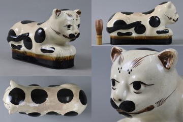 中国美術 磁州窯 猫形 陶枕 幅31,5cm 褐色釉 時代 古陶磁器 細密細工 古美術品[d1196]