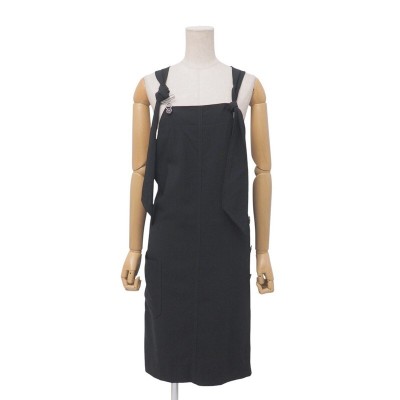 MI3112=フランス製*エルメス/HERMES*サロペット*ワンピース*ジャンパースカート*ロゴボタン*ウール*裏地シルク*サイズ34*ブラック