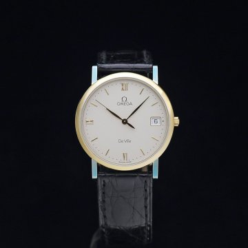 1円～ 未使用 薄型 OMEGA オメガ デビル デイト 7420.33 SS・K18YG メンズ クォーツ アイボリー文字盤 Gカード付 革ベルト