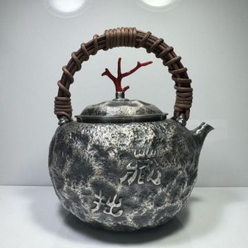 純銀製 一晃斎造 藏拙 貴石摘 藤手 湯沸 古美術品 銀瓶 純銀保証 やかん