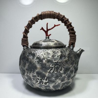 純銀製 一晃斎造 藏拙 貴石摘 藤手 湯沸 古美術品 銀瓶 純銀保証 やかん