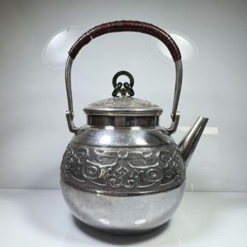 純銀製 蔵六居造 砲口湯沸 貴石摘 銀瓶 箱付 古美術品 純銀保証 湯沸 やかん