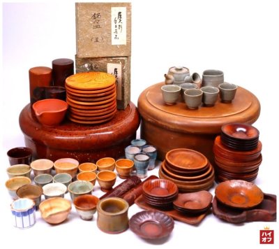 時代骨董 煎茶道具 大量 まとめて 刳り貫き茶櫃 煎茶碗 煎茶器 屋久杉銘々皿 古銅 茶托 茶匙 茶合 肥松 他 / sa084 KA150306