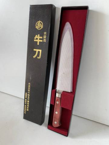 ④o135◆高村刃物製作所◆牛刀 ワインレッド柄 ステン粉末ハイス鋼 高級包丁 日本製 京金久 キッチン 食器 調理器具 中古品