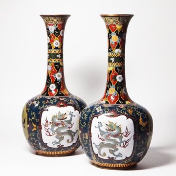 慶應◆明治時代 至高の京都七宝 有線七宝龍鳳凰文木瓜形花瓶一対 高さ31cm 無銘 並河靖之錦雲軒