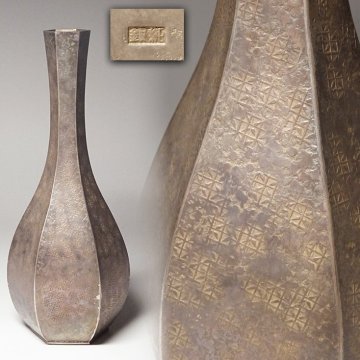 慶應◆純銀製 型目打六角形花瓶 360g 元箱