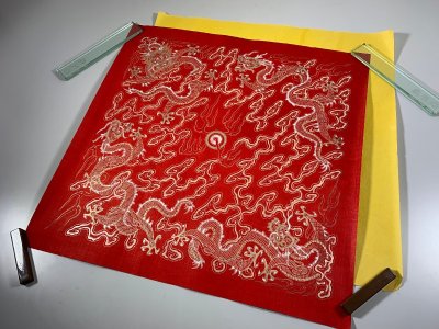 書道■ 乾隆大紅手描龍紋絹紙/乾隆黄染紙　古紙 ■k122