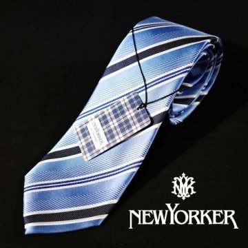 新品1円～★定価1.1万 NEWYORKER ニューヨーカー 日本製 シルク絹100%ネクタイ 織柄 ストライプ ブルー 正規店本物 ◆8340◆