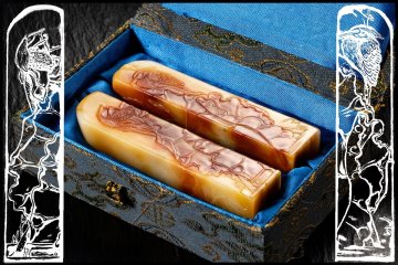 ◆天香楼◆ 寿山石 黄高山薄意印材 一対　経年時代物 唐物AJ2075