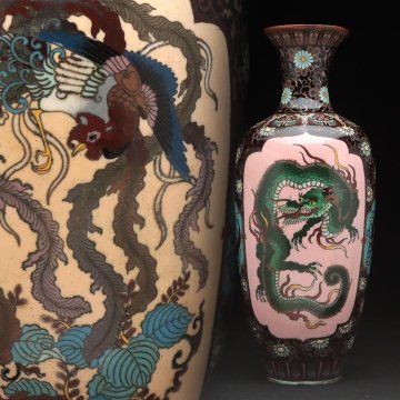 FD485 明治金工 七宝花瓶 高30cm・有線七宝龍鳳凰文花入・景泰藍龍鳳圖瓶 茶道具 古金工 古美術