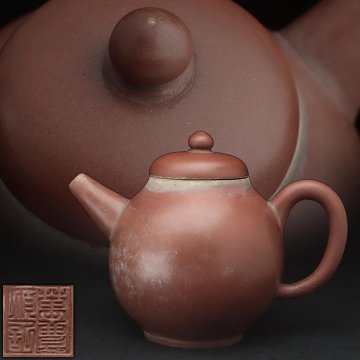 FD654 中国宜興 唐物【萬豊順記】紫砂 砲口 朱泥急須 長幅18cm 木箱附・紫砂壺・紫砂単孔口茶壺 茶器 中国古陶磁 煎茶古美術