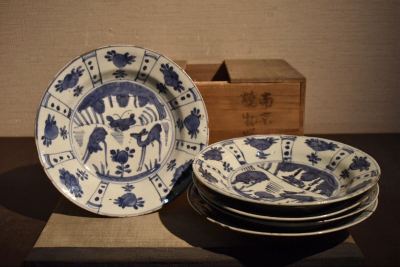 【GE】M733【コレクター所蔵品】時代 古染付中皿5客/中国古玩 中国美術 青花 銘々皿 骨董品 時代品 美術品 古美術品 