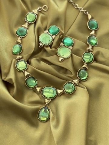 [1円スタート]Yves Saint Laurent ネックレスイヤリングセットブランドアクセサリー極美品ビンデジYSLイブサンローラン カラーストーン