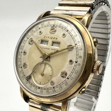 H-02655/K14 GOLD シチズン citizen ビンテージ 腕時計 メンズ　アンティーク B中 3針 トリプルカレンダー ウォッチ 手巻き
